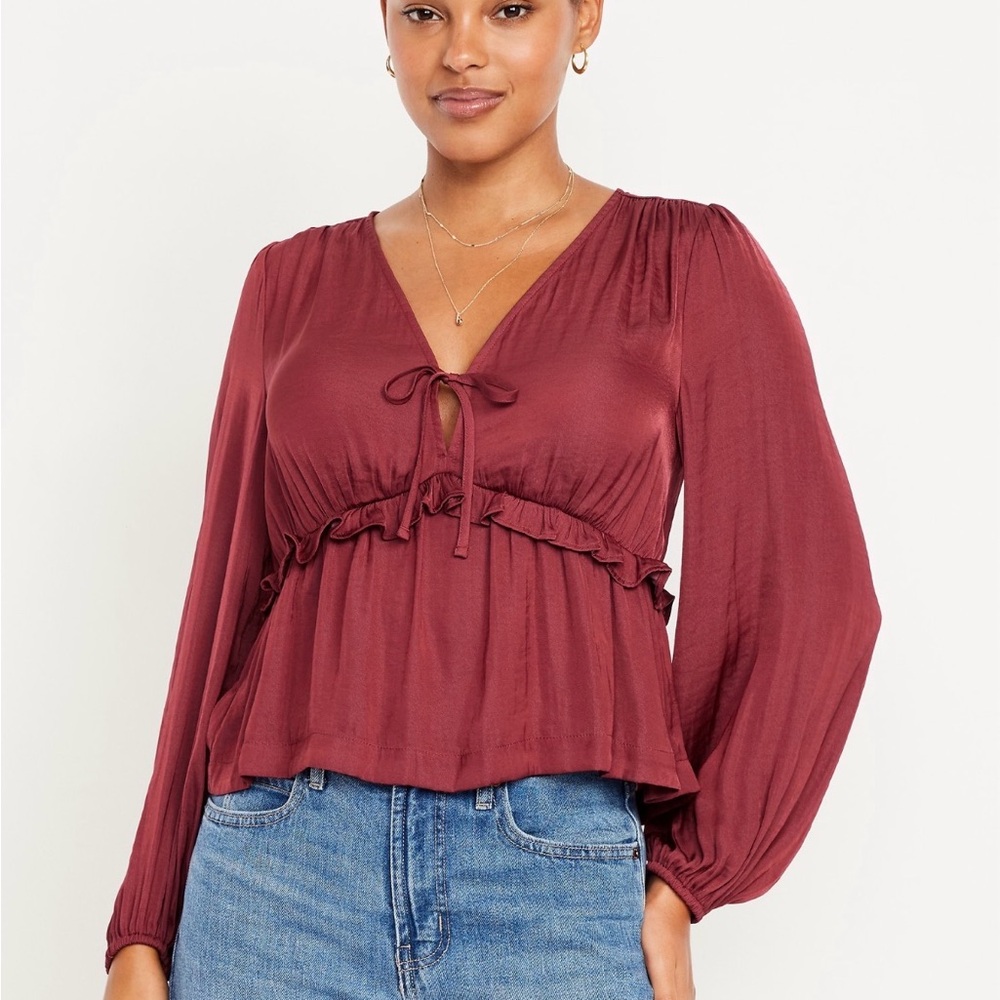 Burgundy Tie-Front Peasant Blouse👚